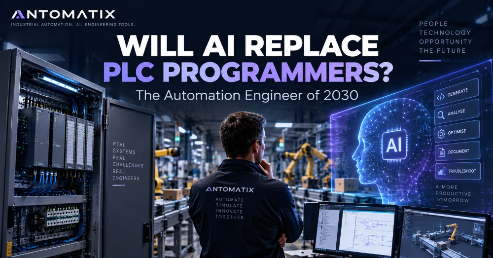 Automation engineer standing between industrial PLC systems and an AI interface representing the future of PLC programming