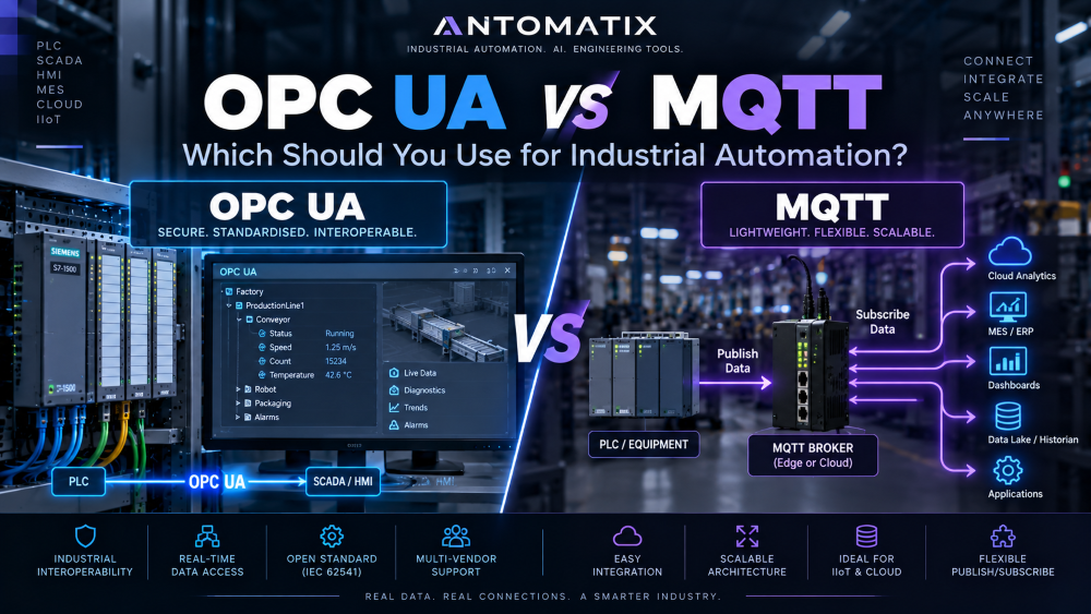 OPC UA versus MQTT comparison showing PLC, SCADA, MQTT broker and industrial cloud connectivity